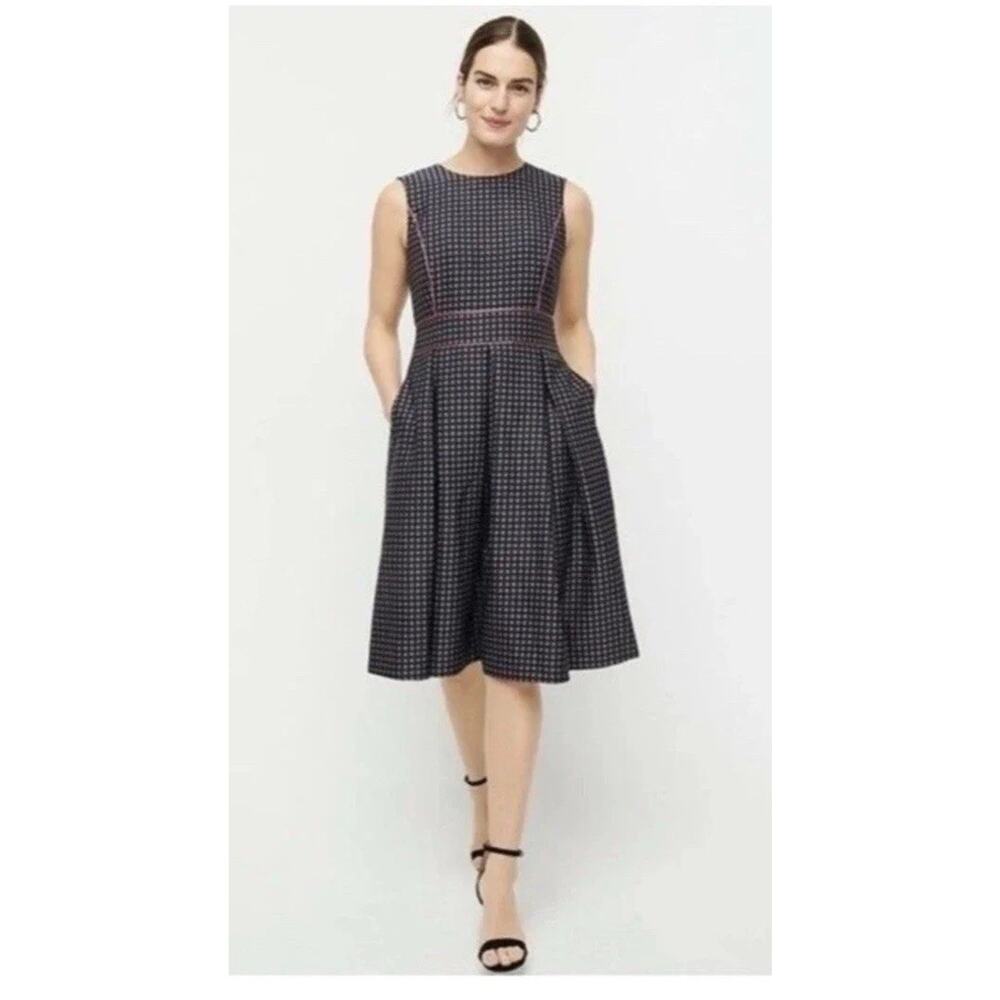 Coastal preppy NWT J.Crew navy pink geometric pleated fit & flare dress size 6